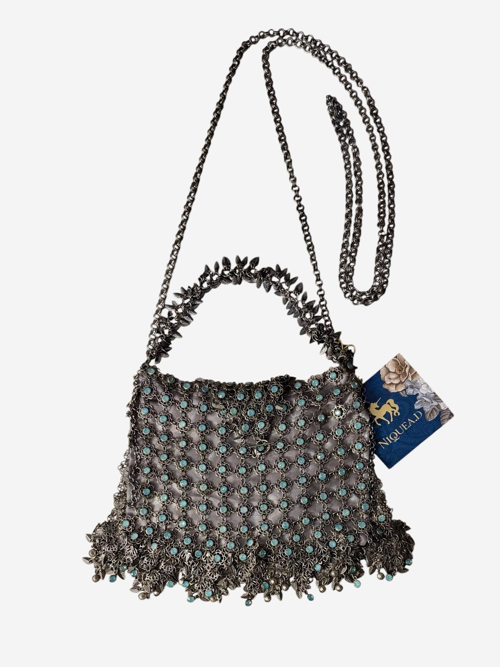 Kenny Ma Handcrafted Crystal and Metal Floral Crossbody Evening Bag.